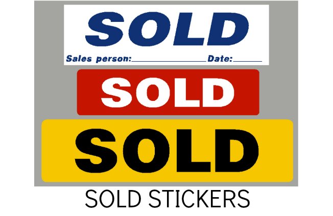 GARAGE SOLD STICKERS, LABELS, CAR SALES SHOWROOM STICKERS
